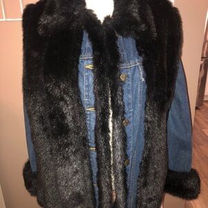 Dennis Basso Blue Jean Jacket with Black Fur Trim